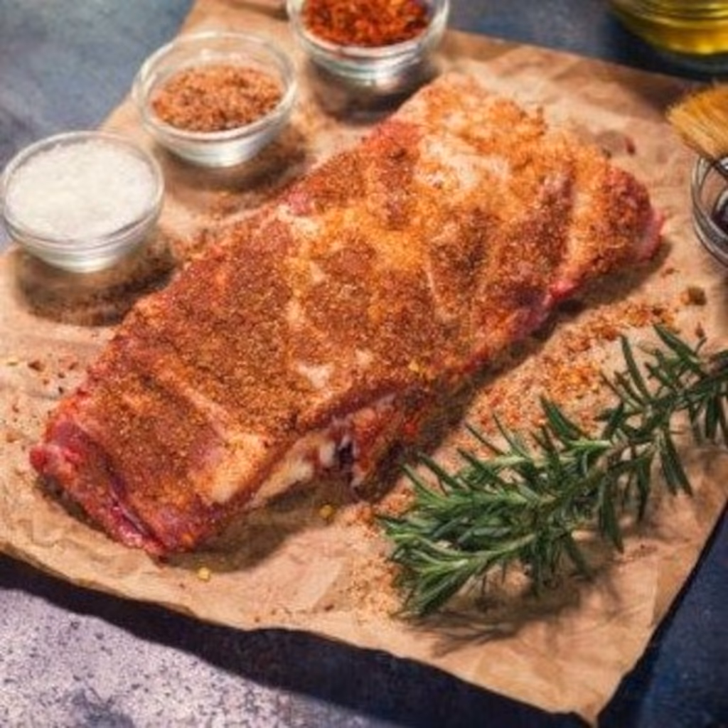 Morceau de viande recouvert de mélange d’épices barbecue réalisé au Thermomix avec poudre rouge brun entourée de paprika, cumin et ail sur une table de cuisine.