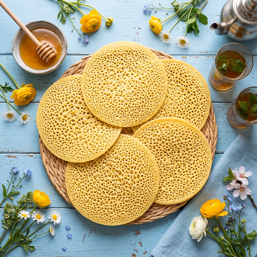 Crêpes baghrir marocaines aux mille trous alvéolées et dorées dans une assiette avec beurre fondu et miel, recette baghrir crêpes mille trous maison facile et moelleuses