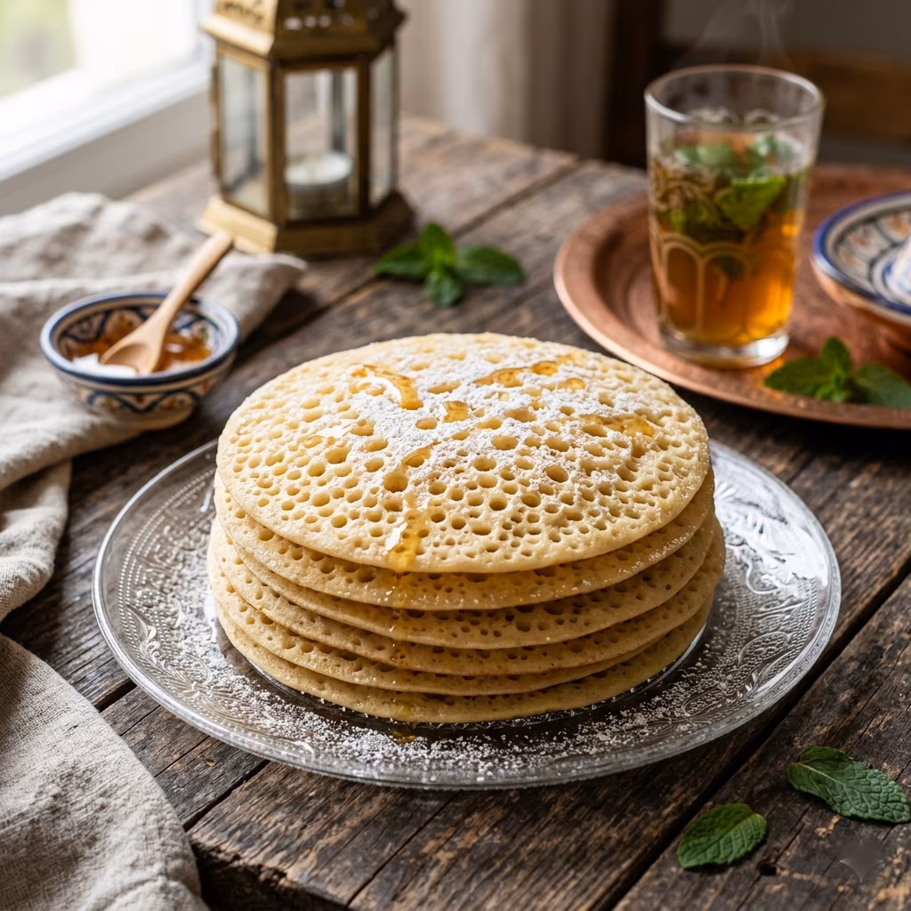 Crêpes baghrir marocaines aux mille trous alvéolées et dorées dans une assiette avec beurre fondu et miel coulant, réalisées au Thermomix TM5 TM6, recette baghrir crêpes mille trous Thermomix facile et inratable