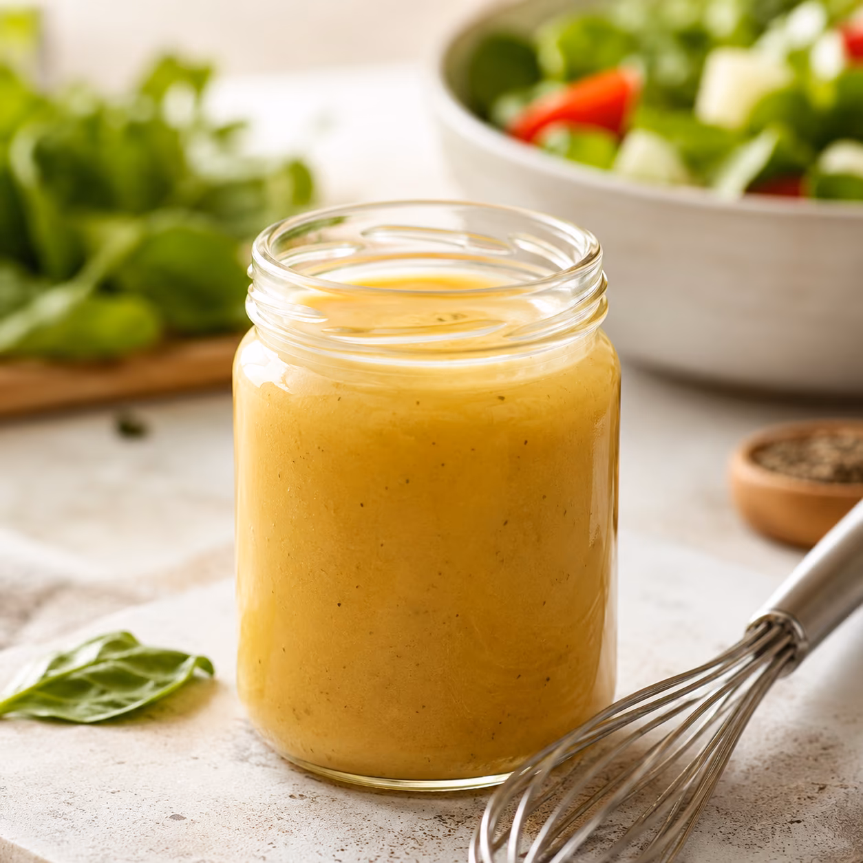 vinaigrette allégée maison émulsionnée dans un petit pot en verre avec un fouet, préparée au Thermomix avec huile d'olive et moutarde