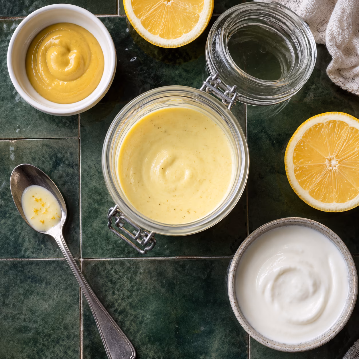 Petit bol de vinaigrette crémée au citron légère onctueuse et blanche avec moutarde, recette vinaigrette crème allégée citron légère sans huile maison facile et rapide