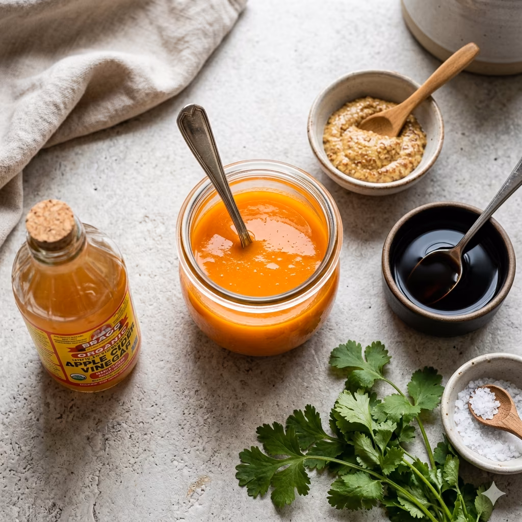 Petit pot de vinaigrette au jus de carotte orange vif avec coriandre fraîche ciselée, réalisée au Thermomix TM5 TM6, recette vinaigrette jus de carotte sauce soja Thermomix originale et légère