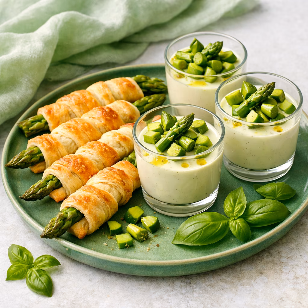 Verrines de panna cotta salée vert vif aux asperges et feuilletés croustillants asperges-jambon de Parme posés ensemble sur une assiette verte — duo apéro dînatoire printanier réalisé au Thermomix TM5 TM6