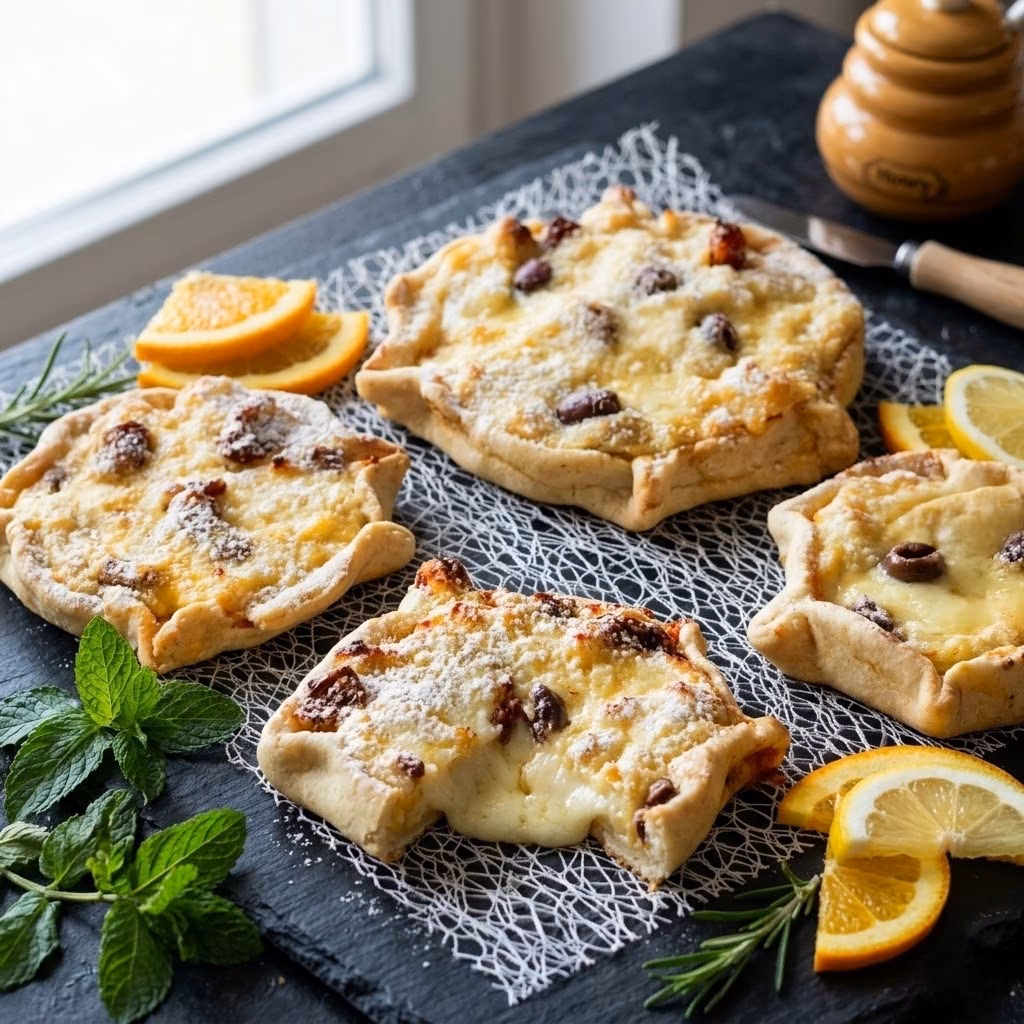 Petites formagelles dorées à la ricotta avec sucre glace sur une ardoise grise