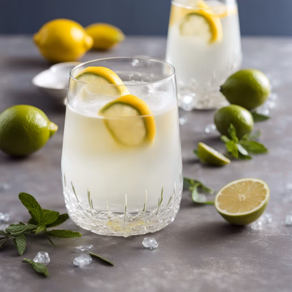 Grand verre de Gin Fizz citronné avec glaçons et rondelle de citron jaune sur le bord, préparé au Thermomix TM5 TM6, recette cocktail gin fizz maison frais et équilibré