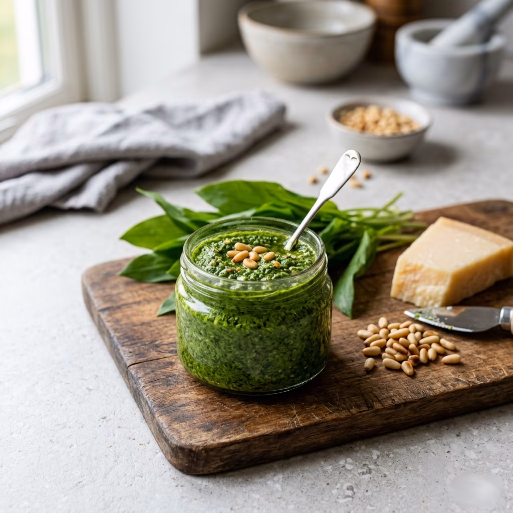 Pot de pesto à l'ail des ours vert intense avec feuilles fraîches et pignons de pin, réalisé au Thermomix, recette pesto ail des ours maison printanier facile et parfumé