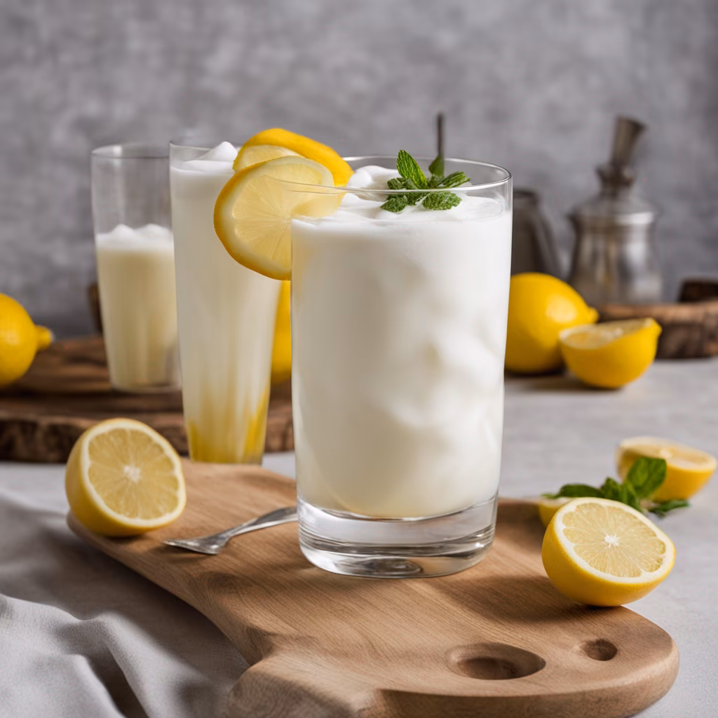 Grand verre de Ramos Gin Fizz avec mousse crémeuse et soyeuse qui déborde légèrement, préparé au Thermomix TM5 TM6, cocktail légendaire de la Nouvelle-Orléans à la fleur d'oranger et à la crème