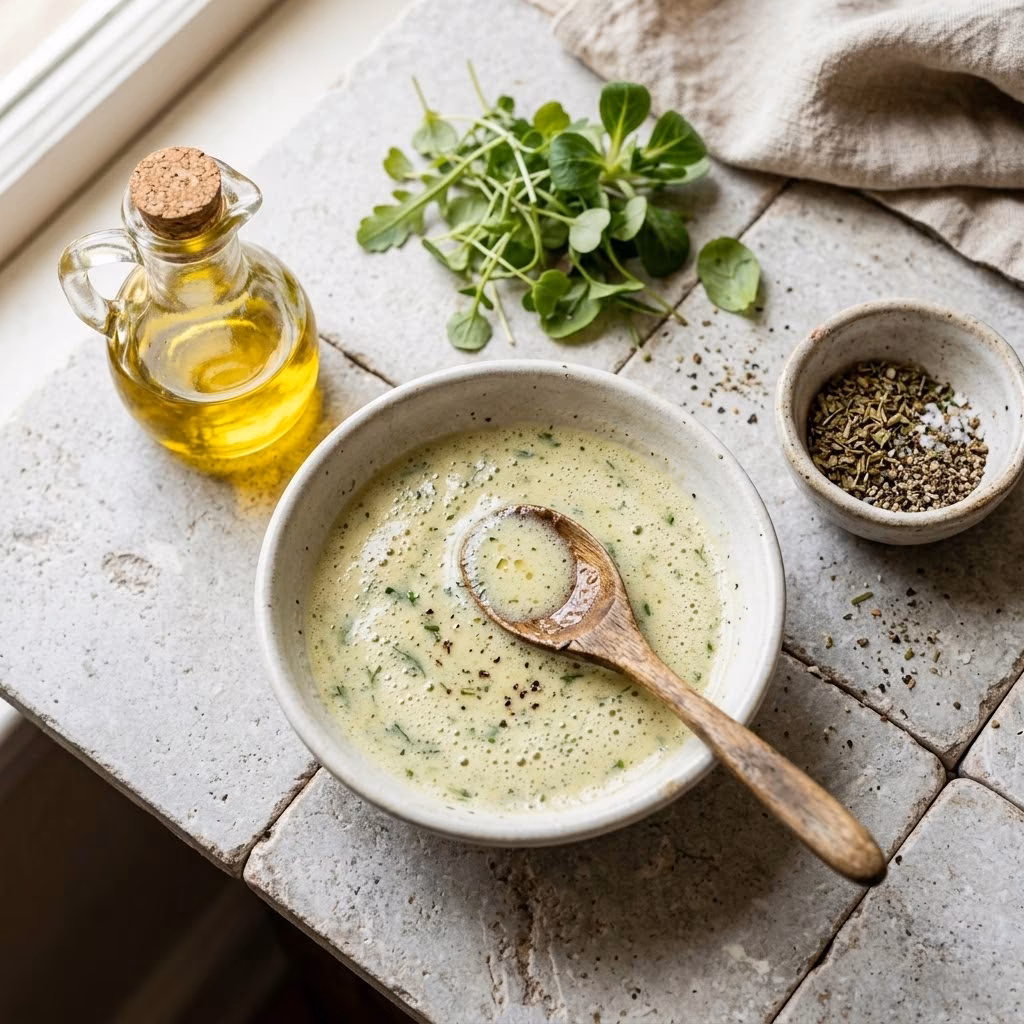 Pot de sauce vinaigrette Weight Watchers maison onctueuse et crémeuse avec cuillère en bois dedans, recette sauce vinaigrette allégée fécule moutarde vinaigre maison légère et économique