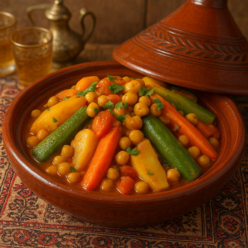 Plat à tajine de légumes et pois chiches au Thermomix avec pois chiches, carottes, courgettes, sauce tomate au ras el hanout et herbes fraîches, recette tajine végétarien Thermomix TM5 TM6 complet et parfumé