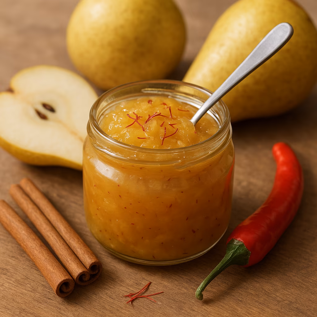 Chutney de poires au safran dans un pot transparent, couleur dorée ambrée, garni de fils de safran visibles, entouré de poires fraîches, pain grillé et fromage pour la dégustation.