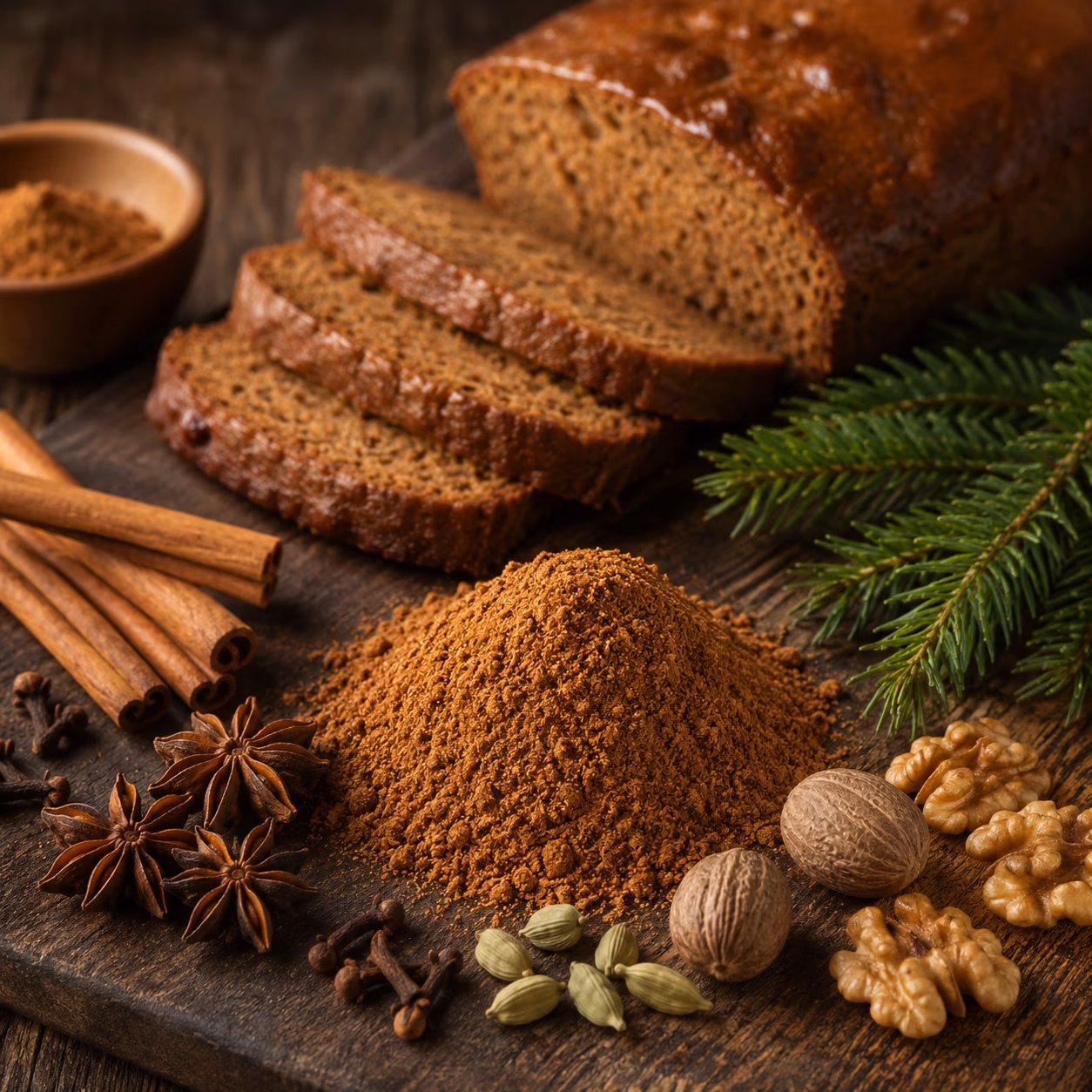 Petit tas d’épices à pain d’épices maison réalisé au Thermomix avec poudre brune parfumée entourée de bâtons de cannelle, cardamome et anis étoilé sur une table de cuisine hivernale.