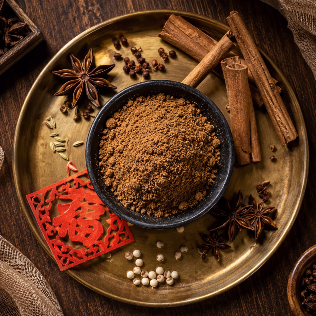 Petit bol de mélange 5 épices chinoises Wu Xiang Fen réalisé au Thermomix avec poudre brune parfumée entourée de cannelle, anis étoilé et poivre de Sichuan.