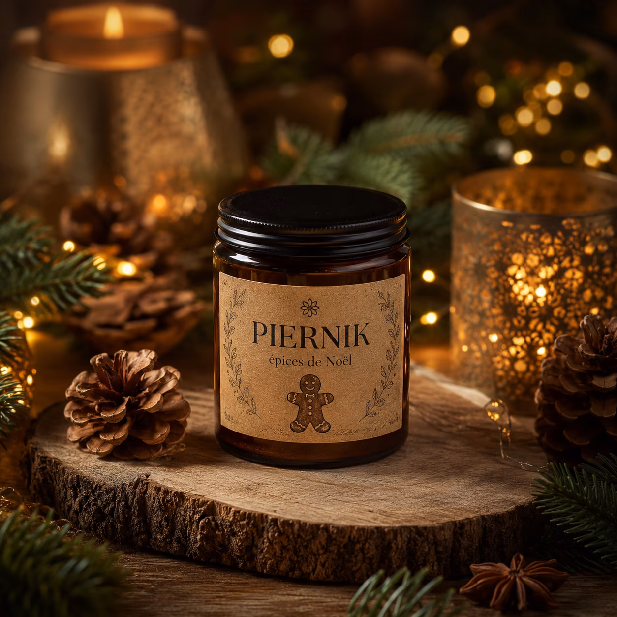 Petit pot de mélange d’épices de Noël Piernik réalisé au Thermomix avec poudre brune parfumée entourée de bâtons de cannelle, anis étoilé et cardamome sur une table de fêtes.