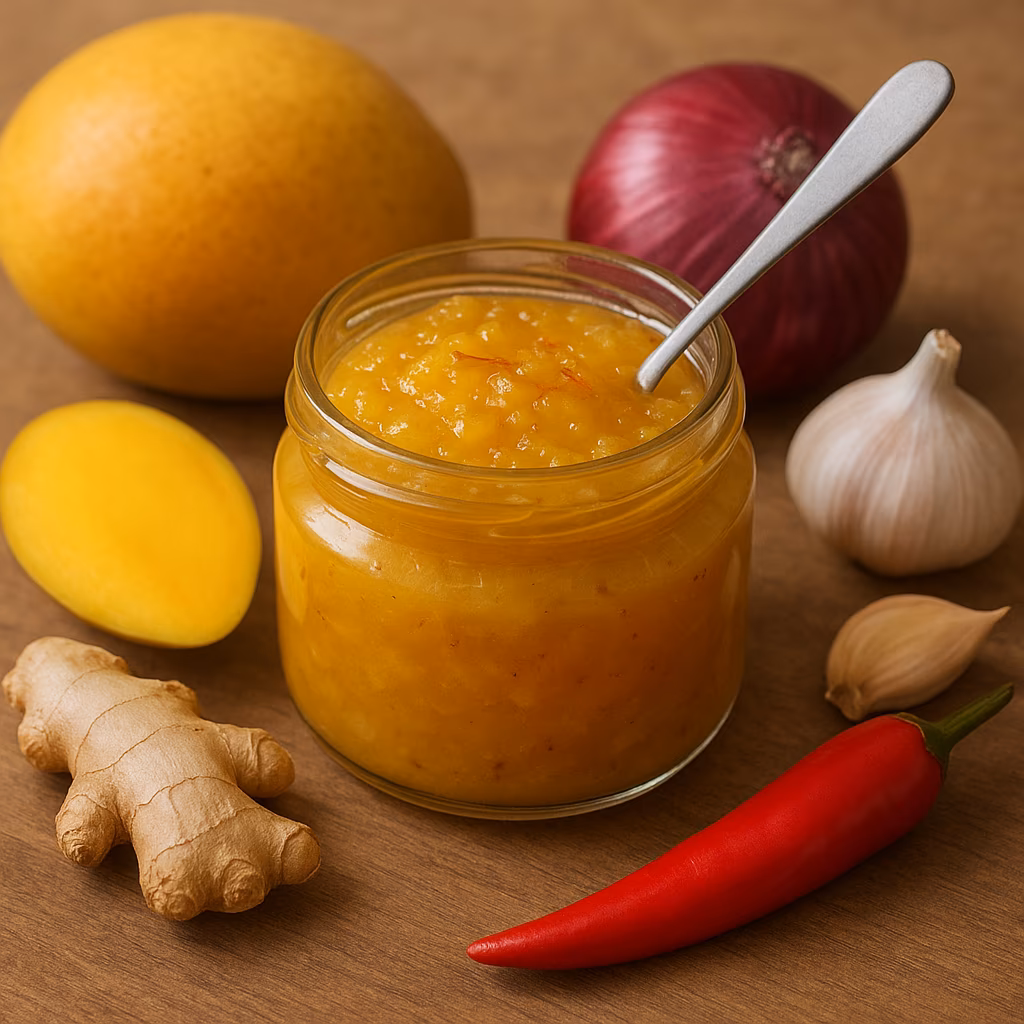 Chutney de mangue au gingembre Thermomix présenté dans un petit pot