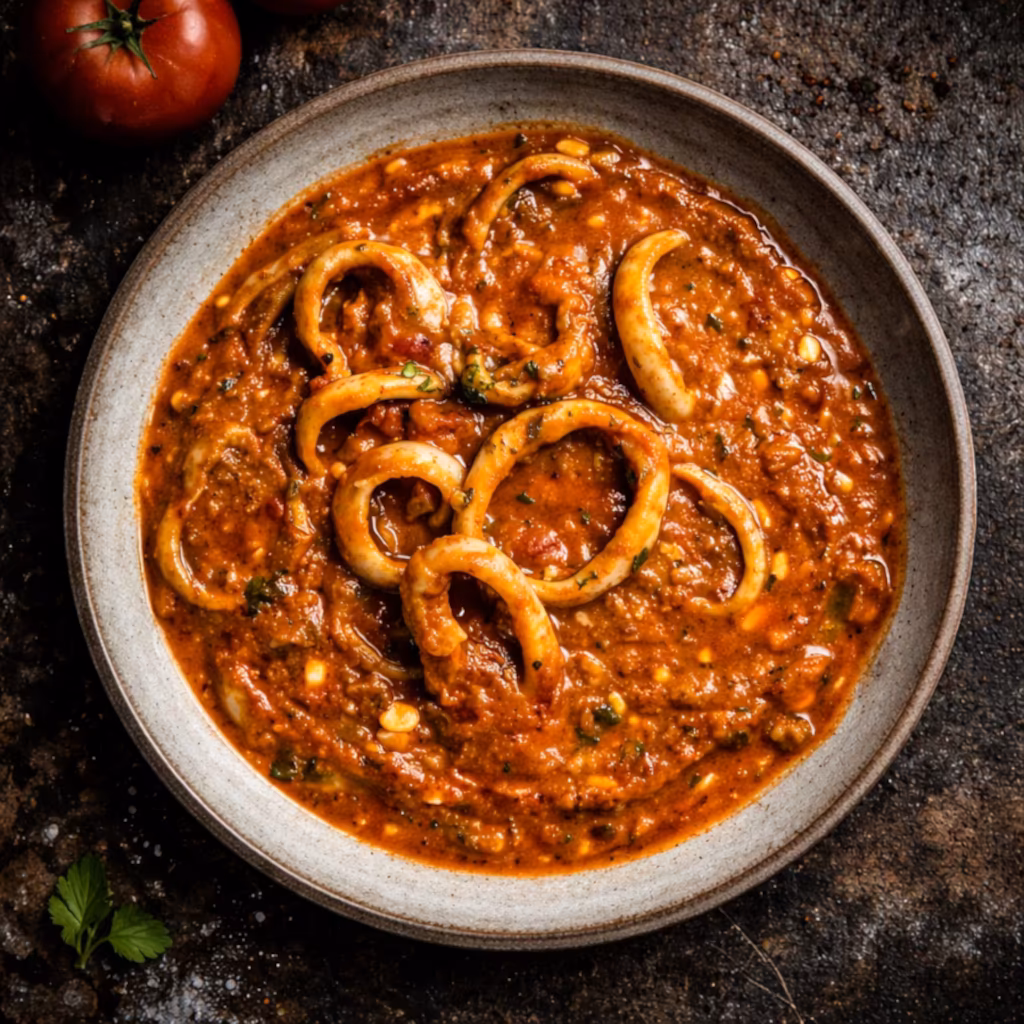 Calamars à la majorquine mijotés en sauce tomate dans un plat en terre cuite, recette traditionnelle de Majorque préparée au Thermomix